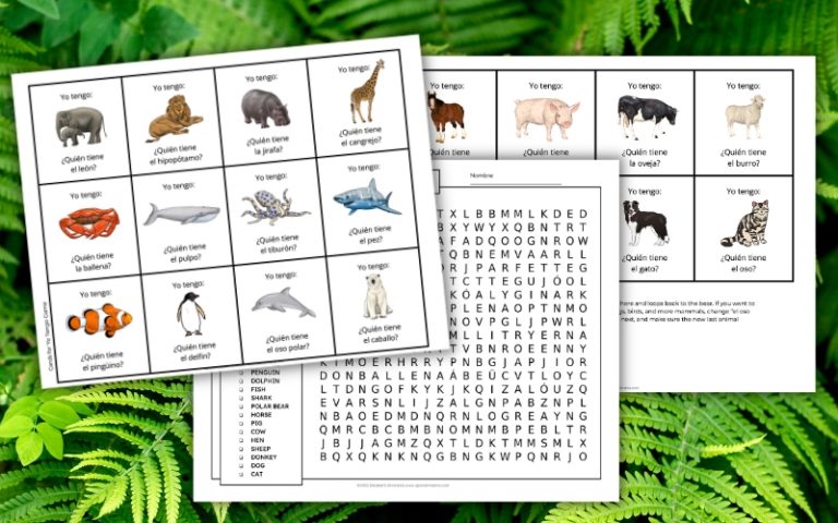 Animals in Spanish Free Worksheet and Game