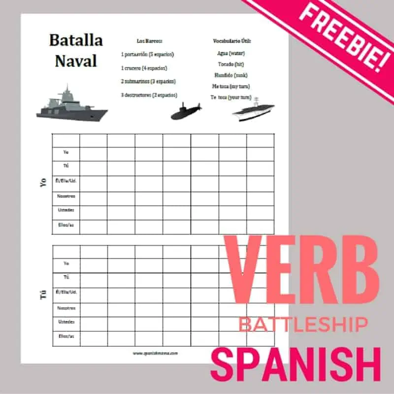 Battleship Verbs Game Printables for Spanish Class