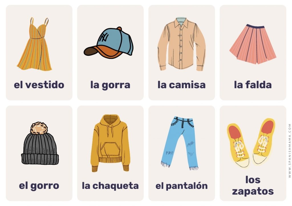 clothing Spanish flashcards for kids