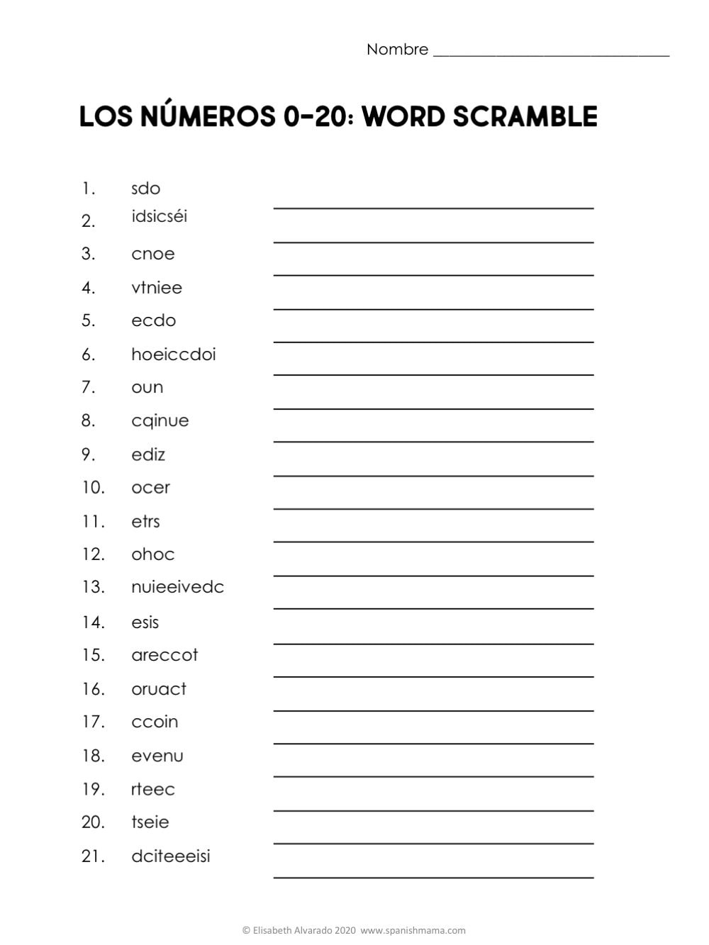 Spanish Number Worksheets 11 20